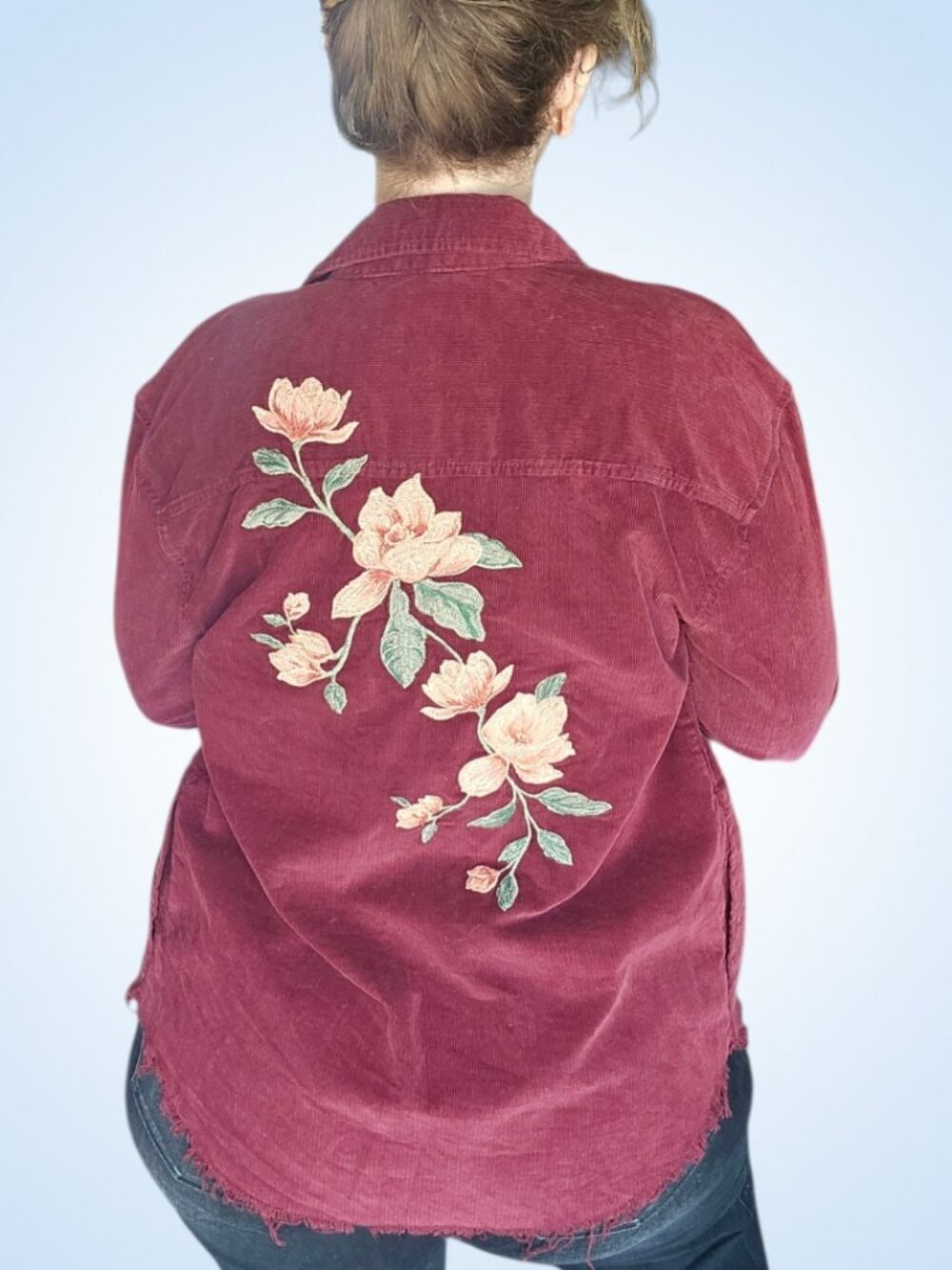 American Eagle Floral Embroidered Corduroy Shacket Medium Oversized Raw Hem - Picture 2 of 7